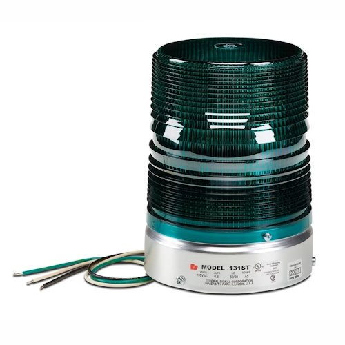 Product image for Federal Signal 131DST-120G Starfire® Double Flash Strobe Warning Light, 120VAC, 1/2" NPT Pipe Mount, Indoor/Outdoor - Green Lens