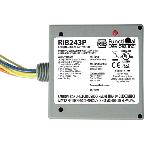 Product image for FUD RIB243P ENCLOSED RELAY 20AMP 3PST 24VAC DC