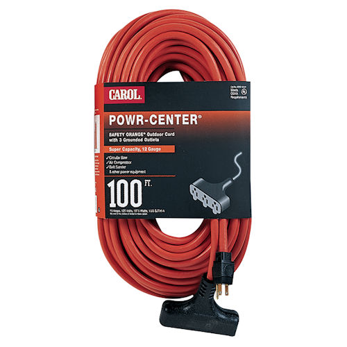 Product image for Carol 00597.61.04 100ft 12/3 STW Outdoor Powr-Center® Grounded Extension Cord, 125V 15A, Orange