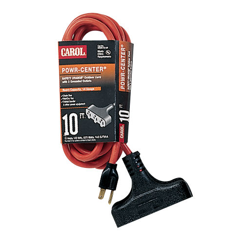 Product image for Carol 00690.63.04 10ft 14/3 SJTW Outdoor Powr-Center® Grounded Extension Cord, 125V 15A, Orange