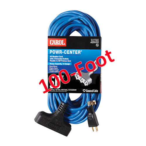 Product image for Carol 00793.63.07 100ft 14/3 SJEOOW Outdoor Powr-Center® Grounded Extension Cord, All Weather Hi-Vis, 125V 13A, Blue