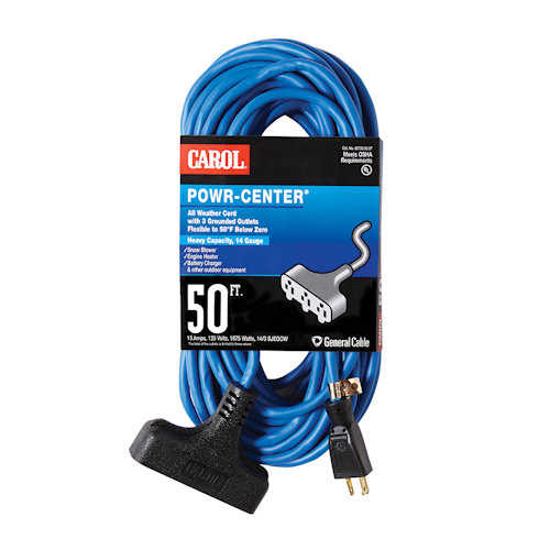 Product image for Carol 00792.63.07 50ft 14/3 SJEOOW Outdoor Powr-Center® Grounded Extension Cord, All Weather Hi-Vis, 125V 15A, Blue