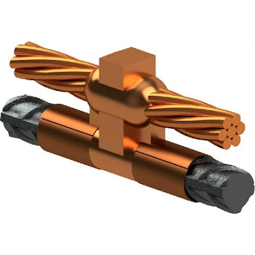 Product image for Harger HRCT41/0B Exothermic Weld Mold, Horizontal Steel Cable Over Horizontal Reinforcing Steel, 1/0 to #4 Rebar