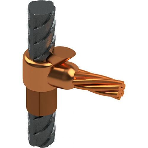 Product image for Harger RE36B Exothermic Weld Mold, Tee of Vertical Thru Reinforcing Steel and Horizontal Tap Cable, #6 Stranded Tap to #3 Rebar. Requires MH1 Handle Clamp