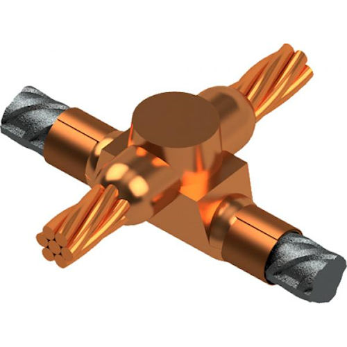 Product image for Harger RO54B Exothermic Weld Mold, Cross of Horizontal Steel Cable Lapped Over Horizontal Reinforcing Steel, #4 Stranded to #5 Rebar. Requires MH1 Handle Clamp