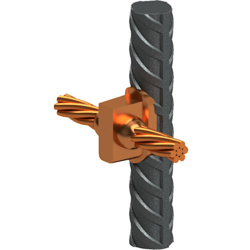 Product image for Harger RS64/0P Exothermic Weld Mold, Horizontal Thru Cable to Side of Vertical Reinforcing Steel, 4/0 Tap to #6 Rebar. Requires MH1 Handle Clamp