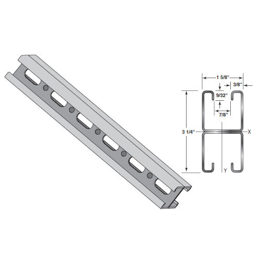 Product image for Haydon H-132-OSA-20PG 3-1/4" x 1-5/8" x 20ft H-STRUT Slotted Back to Back Channel, Pre-Galvanized Steel