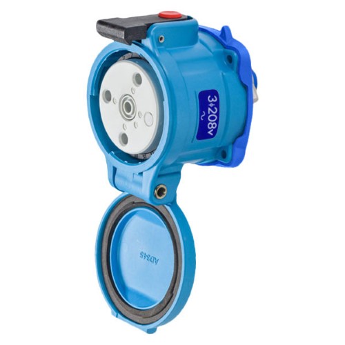 Product image for Meltric 31-14233-K16-NC DR30 Receptacle, Poly, Blue, Size 2, Type 3R, 3P+G, 30A, 208 VAC, 60 Hz, Normally closed lid