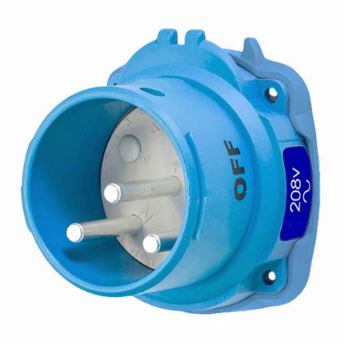 Product image for Meltric 63-68162 DSN60 Inlet, Poly, Blue, Size 3, Type 4X & IP69, 2P+G, 60A, 208 VAC, 60 Hz