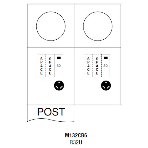 Product image for Midwest U132CB6 Unmetered Power Outlet, 70A 120/240V, Back-to-Back Pedestal Mount, R32U Receptacle, THQL1130, Space (2) THQL1120 Circuit Protection, Galvanized Steel, NEMA-3R
