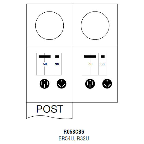 Product image for Midwest R058CB6 Metered Power Outlet, 80A 120/240V, Back-to-Back Pedestal Mount, BR54U, R32U Receptacles, THQL2150, THQL1130 Circuit Protection, Galvanized Steel, NEMA-3R