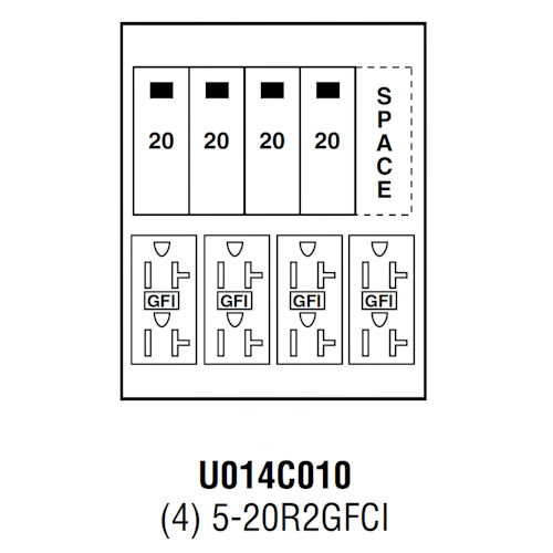 Product image for Midwest U014C010 Unmetered Power Outlet, 100A 120/240V, Surface Mount, (4) 5-20RGFCI Receptacles, (4) THQL1120, Space THQL1120 Circuit Protection, Galvanized Steel, NEMA-3R