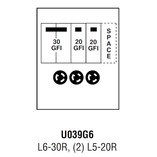 Product image for Midwest U039G6 Unmetered Power Outlet, 125A 120/240V, Surface Mount, L6-30R, (2) L5-20R Receptacles, THQL2130GFT, (2) THQL1120GFT, Space THQL1120 Circuit Protection, Galvanized Steel, NEMA-3R