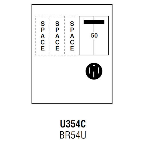 Product image for Midwest U354C Unmetered Power Outlet, 100A 120/240V, Surface Mount, BR54U Receptacle, THQL2150, Space (3) THQL1120 Circuit Protection, Galvanized Steel, NEMA-3R