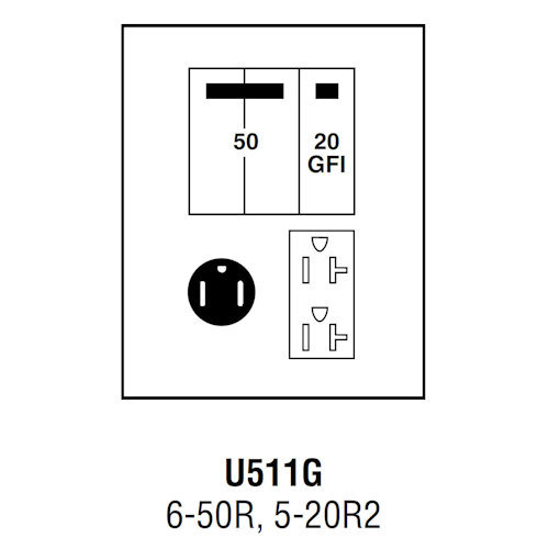 Product image for Midwest U511G Unmetered Power Outlet, 70A 120/240V, Surface Mount, 6-50R, 5-20R2 Receptacles, THQL2150, THQL1120GFT Circuit Protection, Galvanized Steel, NEMA-3R