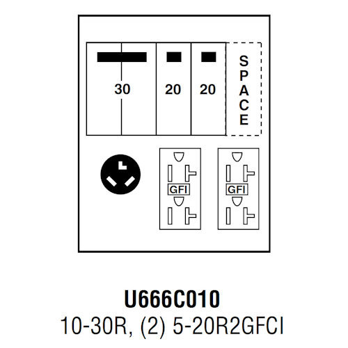 Product image for Midwest U666C010 Unmetered Power Outlet, 70A 120/240V, Surface Mount, 10-30R, (2) 5-20R2GFCI Receptacles, THQL2130, (2) THQL1120, Space THQL1120 Circuit Protection, Galvanized Steel, NEMA-3R