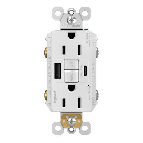 Product image for Pass & Seymour 1597TRUSBACW Radiant® 15A Tamper-Resistant Self-Test GFCI / USB Type-AC Outlet, White