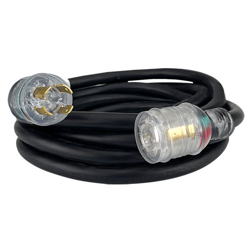 Product image for Reliance PC3025M Molded Generator Power Cord, LED-Lit Connectors, 30A, 10ga 25ft, Black
