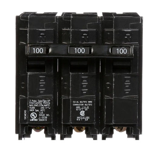 Product image for Siemens Q3100 3-Pole 100 Amp 240 Volt 10 kA Circuit Breaker