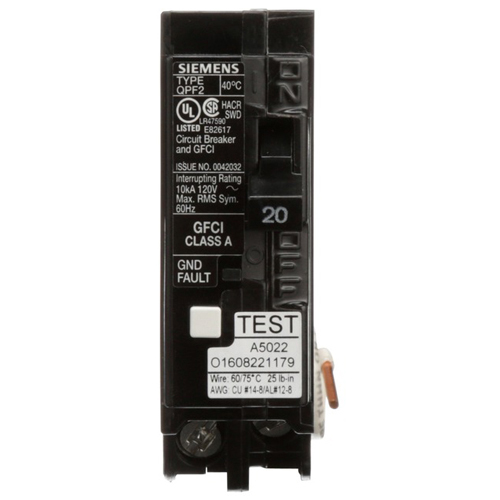 Product image for Siemens QF120A 1-Pole 20 Amp 120 VAC 10 kA Ground Fault Circuit Interrupter