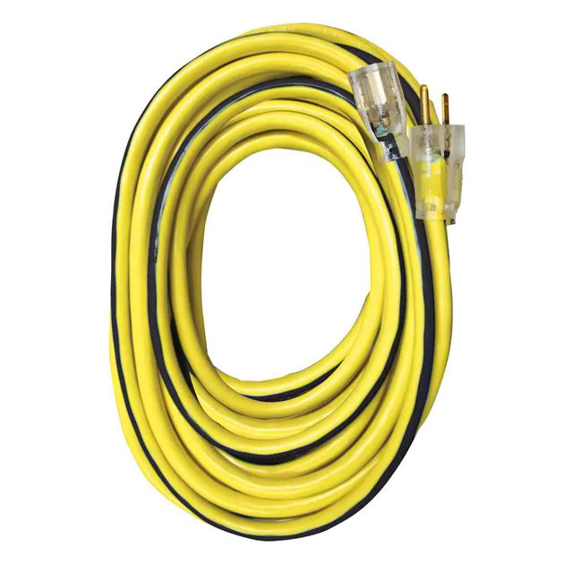 Product image for Voltec 05-00365 50ft 12/3 SJTW Yellow/Black Extension Cord, Heavy Duty Outdoor, Lighted Receptacle