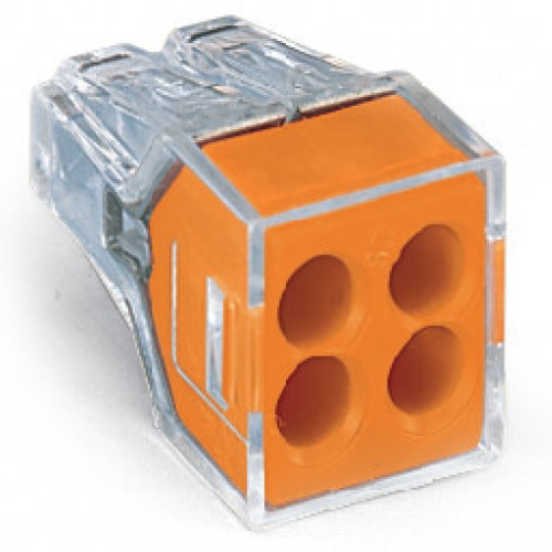 Product image for Wago 773-104/VE00-2500 PUSH WIRE® 4-Port (ORANGE) Junction Box Wire Connector, #18-#12 Solid, #16-#12 Stranded (2500/Carton)