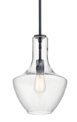 Product image for Kichler 42141BK Everly™ 1-Light Bell Pendant, 15.25" Height, Clear Glass - Black Finish