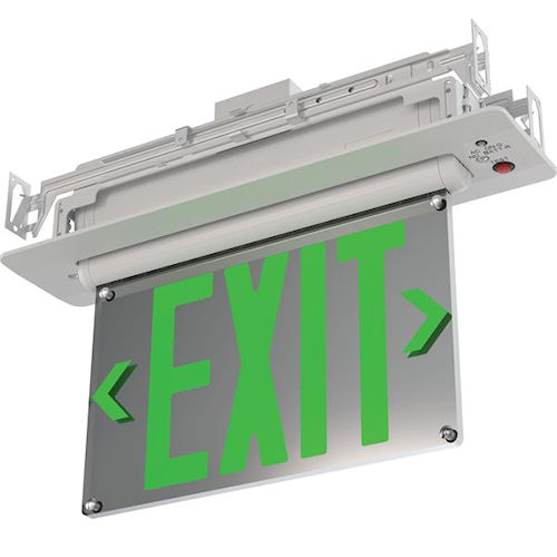 Product image for Lithonia BE-W-G-UM-M2 Basics™ Edge-Lit Exit Sign, 3 Faced, Green Lettering, Mirrored Backing, 120-277V, Battery Backup, Universal Surface / Recessed Mount