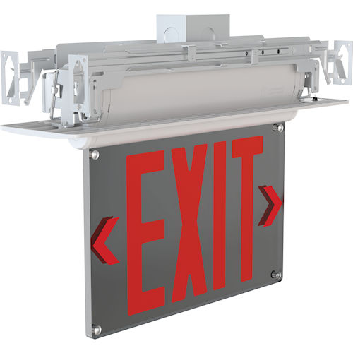 Product image for Lithonia BE-W-R-UM-M2 Basics™ Edge-Lit Exit Sign, 3 Faced, Red Lettering, Mirrored Backing, 120-277V, Battery Backup, Universal Surface / Recessed Mount