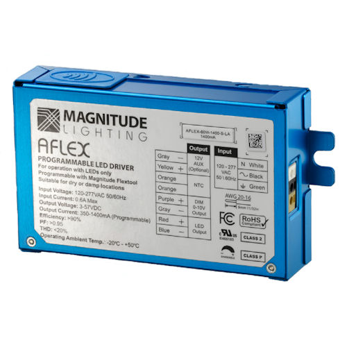 Product image for Magnitude Lighting AFLEX-60W-1400-D-LA AFLEX Compact Dual Feed LED Driver, 60W Programmable, 1400mA (3-57VDC) Output, Linear Dimming, 12V PS Aux Power