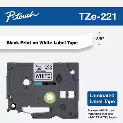 Product image for Brother TZe-221 3/8" x 26.2ft (9mm x 8m) P-touch Laminated Label Tape, Black Print on White Label