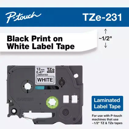 Product image for Brother TZe-231 1/2" x 26.2ft (12mm x 8m) P-touch Laminated Label Tape, Black Print on White Label