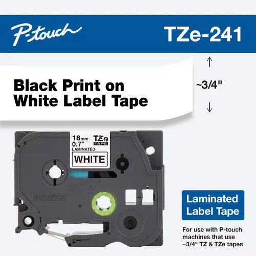 Product image for Brother TZe-241 3/4" x 26.2ft (18mm x 8m) P-Touch Laminated Label Tape, Black Ink on White Label