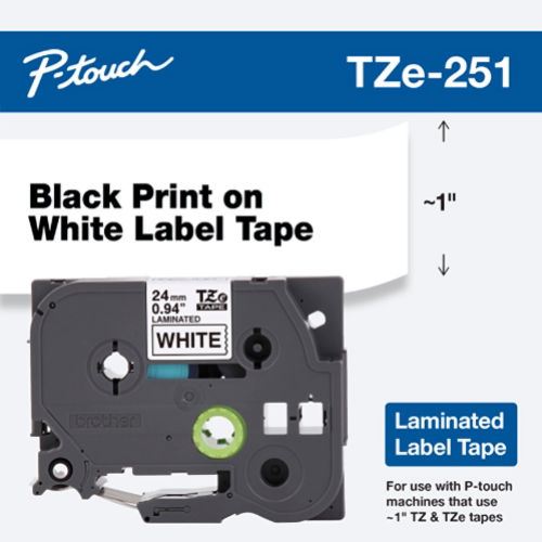 Product image for Brother TZe-251 1" x 26.2ft (24mm x 8m) P-Touch Laminated Label Tape, Black Ink on White Label