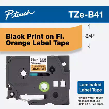 Product image for Brother Tze-B41 3/4" x 16.4ft (18mm x 5m) P-touch Laminated Label Tape, Black Print on Fluorescent Orange Label