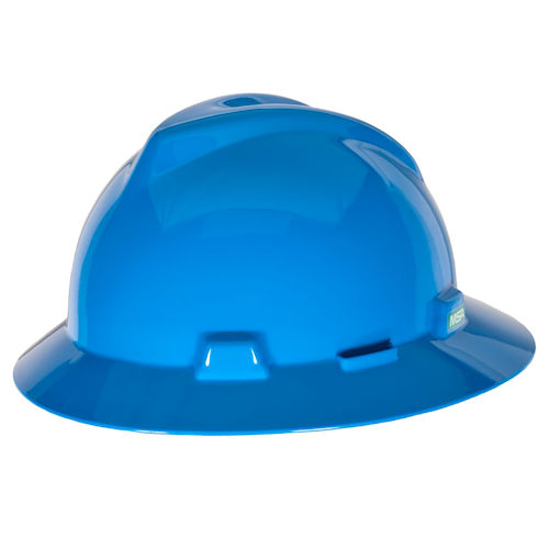 Product image for MSA Safety 475368 Blue V-Gard® Slotted Full-Brim Protective Hard Hat, Polyethylene Shell w/ Fas-Trac III Suspension - Standard Size
