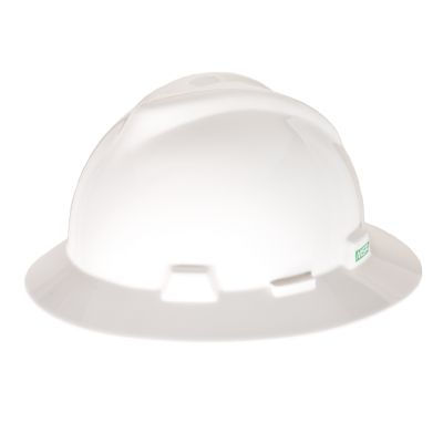Product image for MSA Safety 475369 White V-Gard® Slotted Full-Brim Hard Hat, Polyethylene Shell w/ Fas-Trac III Ratchet Suspension - Standard Size