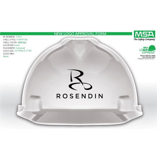 Product image for MSA 475369-ROSENDIN WHITE Full Brim Hard Hat w/ BL71413 Front BL7400 Left Side ROSENDIN Logo