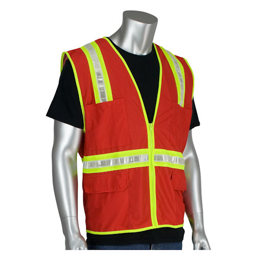 Product image for PIP 300-1000-RD/XL Non-ANSI Surveyor's Style Safety Vest, Solid Front, Mesh Back & Prismatic Tape, Red - XLarge