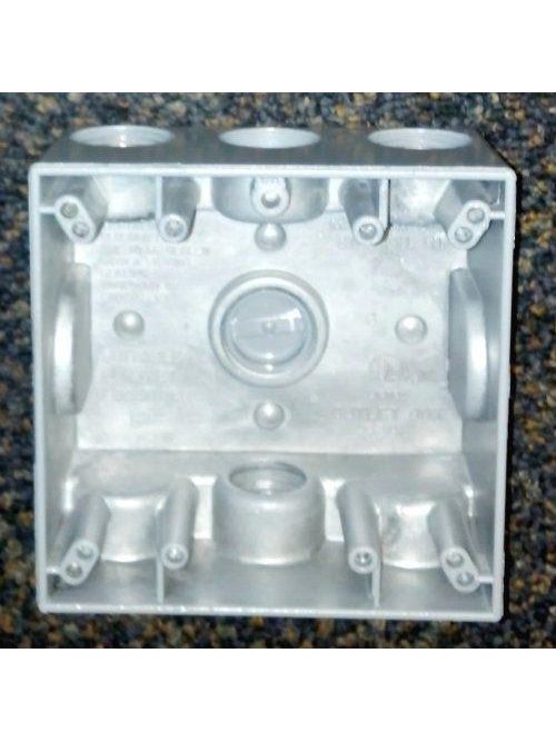 Product image for Mulberry 30242 2-Gang Weatherproof Box, Detachable Lugs, (4) 3/4" Hubs (2 one end, 1 other end, 1 in back), 2" Deep, Die-Cast Aluminum, 30.5cu.in, Gray