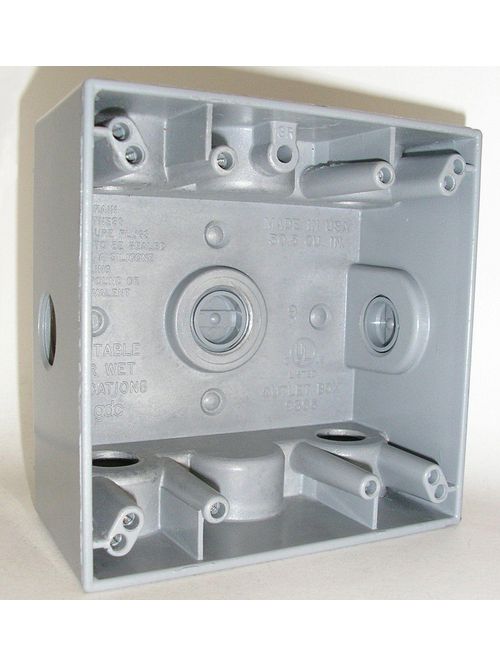 Product image for Mulberry 30263 2-Gang Weatherproof Box, Detachable Lugs, (7) 1/2" Hubs (2 ea. end, 1 ea. side, 1 in back), 2" Deep, Die-Cast Aluminum, 30.5cu.in, Gray