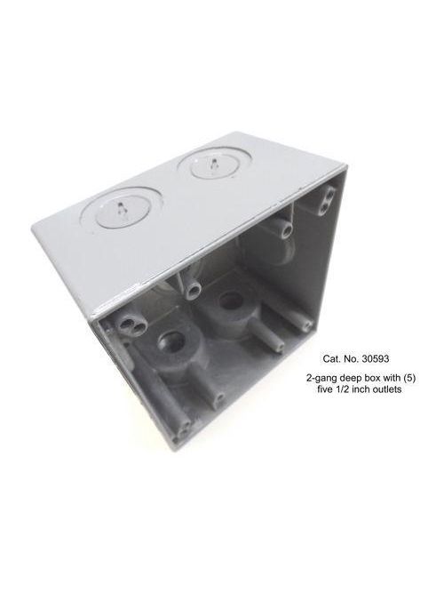 Product image for Mulberry 30593 2-Gang Weatherproof Deep Box, Detachable Lugs, (5) 1/2" Hubs, 2.625" Deep, Die-Cast Aluminum, 37.3cu.in, Gray