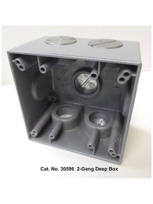 Product image for Mulberry 30596 2-Gang Weatherproof Deep Box, Detachable Lugs, (5) 1" Hubs, 2.625" Deep, Die-Cast Aluminum, 37.3cu.in, Gray