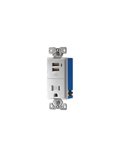 Product image for Eaton Wiring Devices TR7740W-BOX 15 Amp 125 VAC 2-Pole 3-Wire NEMA 5-15R White Combination USB Charger with Receptacle
