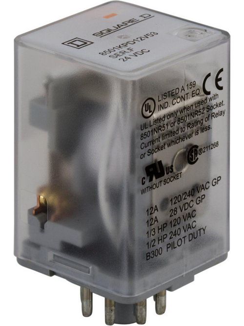 Product image for Square D 8501KPD12V53 24 VDC 10 Amp DPDT Socket/Solder Mount DC Operated Plug-In Relay