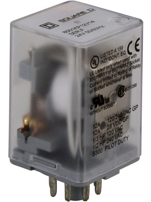 Product image for Square D 8501KP12V14 24 VAC 10 Amp DPDT Socket/Solder Mount AC Operated Plug-In Relay