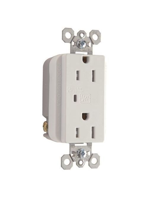Product image for Pass & Seymour TR5252WSP 15 Amp 125 VAC 2-Pole 3-Wire NEMA 5-15R White Nylon Surge Protective Duplex Receptacle