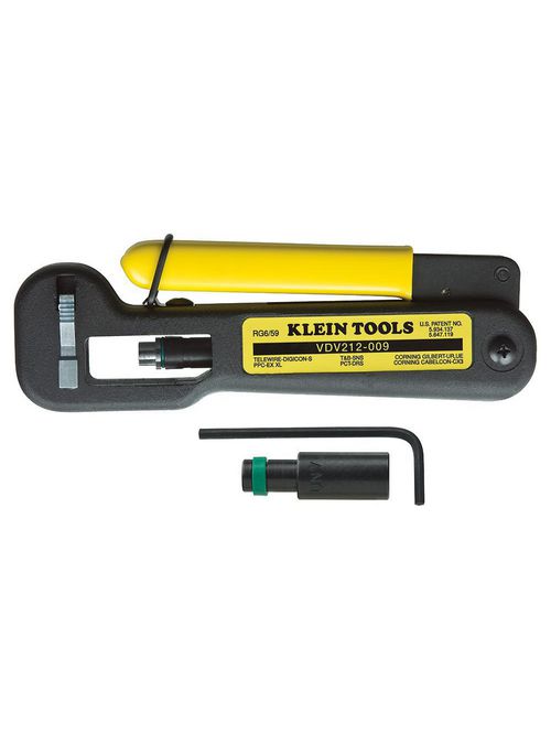 Product image for Klein Tools VDV212-009-SEN 7 Inch Comfort Grip Yellow/Black Handle Cast Aluminum F-Connector Lateral Compression Crimper