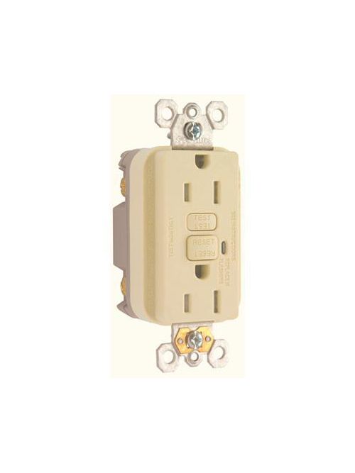 Product image for Pass & Seymour 1596TRI 15 Amp 125 VAC NEMA 5-15R Ivory Thermoplastic Tamper-Resistant Self-Test Duplex GFCI Receptacle