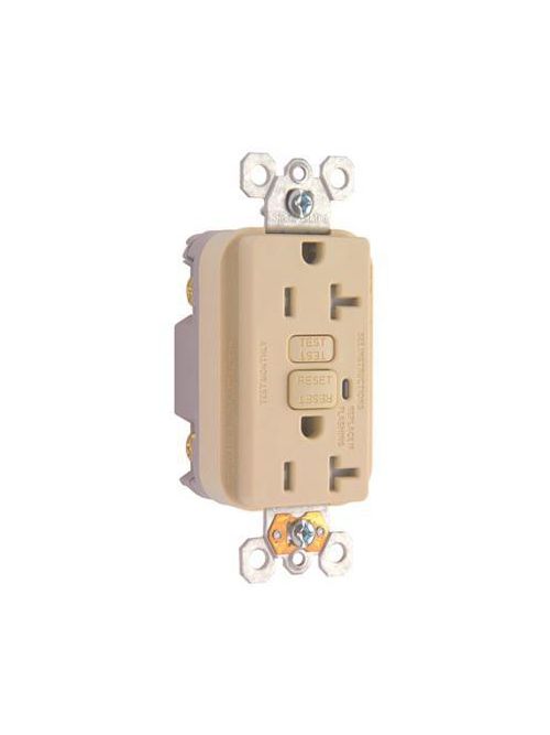 Product image for Pass & Seymour 2096TRI 20 Amp 125 VAC NEMA 5-20R Ivory Thermoplastic Tamper-Resistant Self-Test Duplex GFCI Receptacle